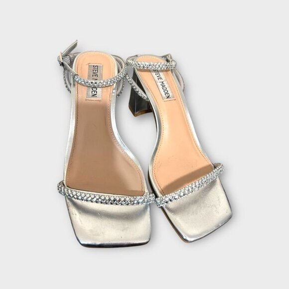 Steve Madden Hurrah Sandal Silver Crystal 6M Block Heels EUC Party Sparkle - Picture 8 of 8